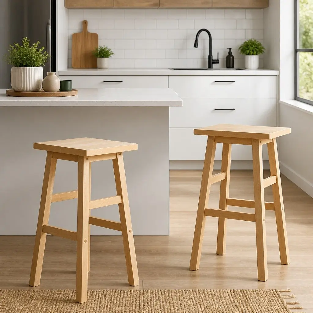 Set of 2 Wooden Bar Stools in Natural Light Finish