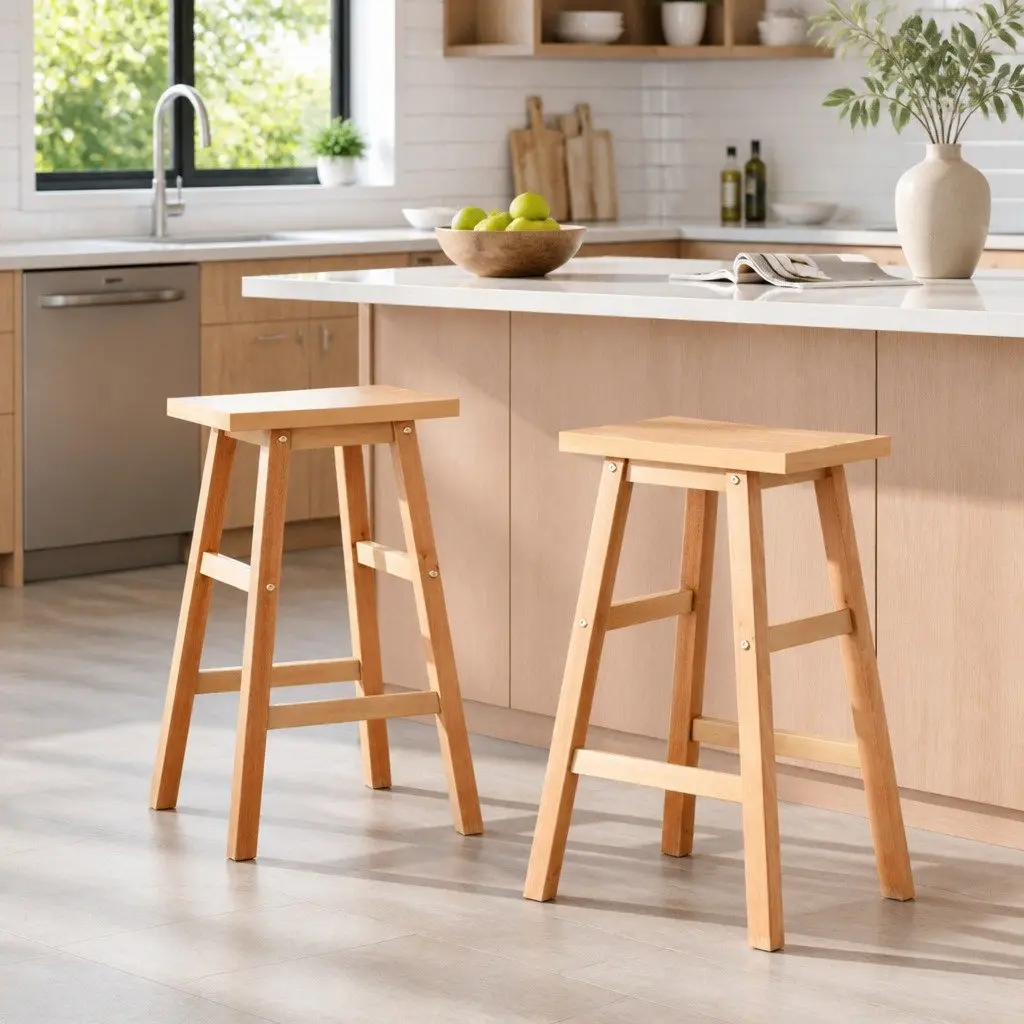 Set of 2 Wooden Bar Stools in Natural Light Finish