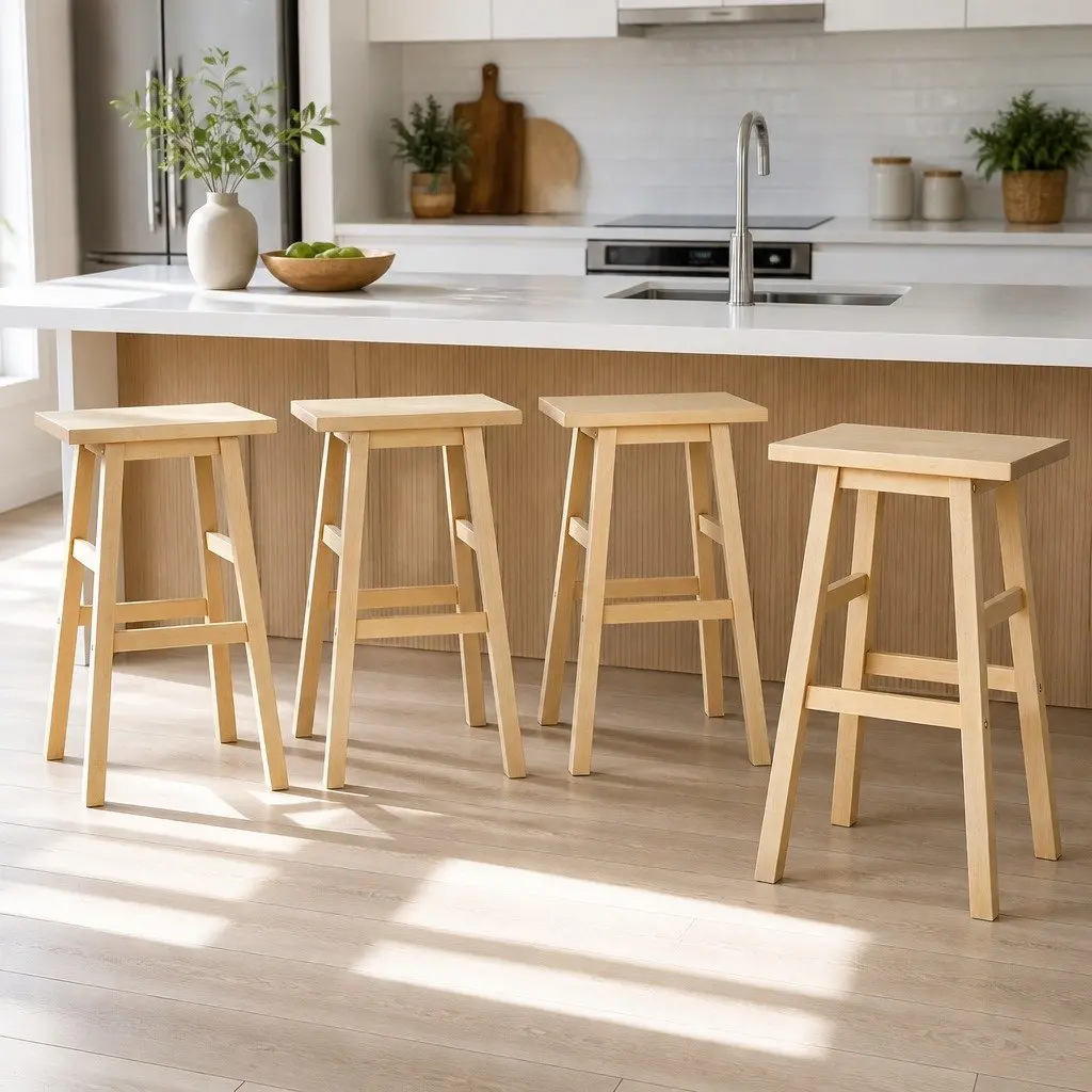 Bar Stools Kitchen Chairs Set of 4 Wooden Natural Saddle Seat Breakfast Counter