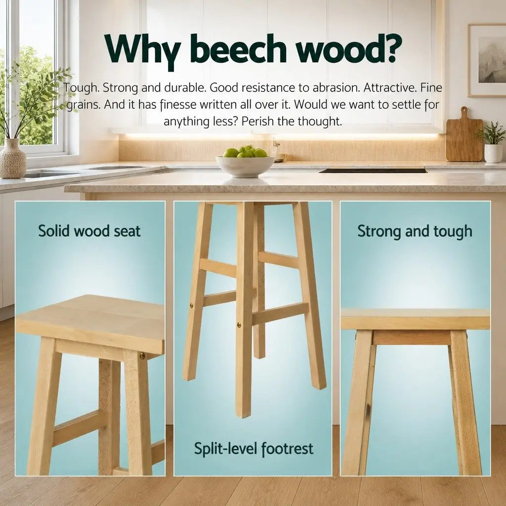 Bar Stools Kitchen Chairs Set of 4 Wooden Natural Saddle Seat Breakfast Counter