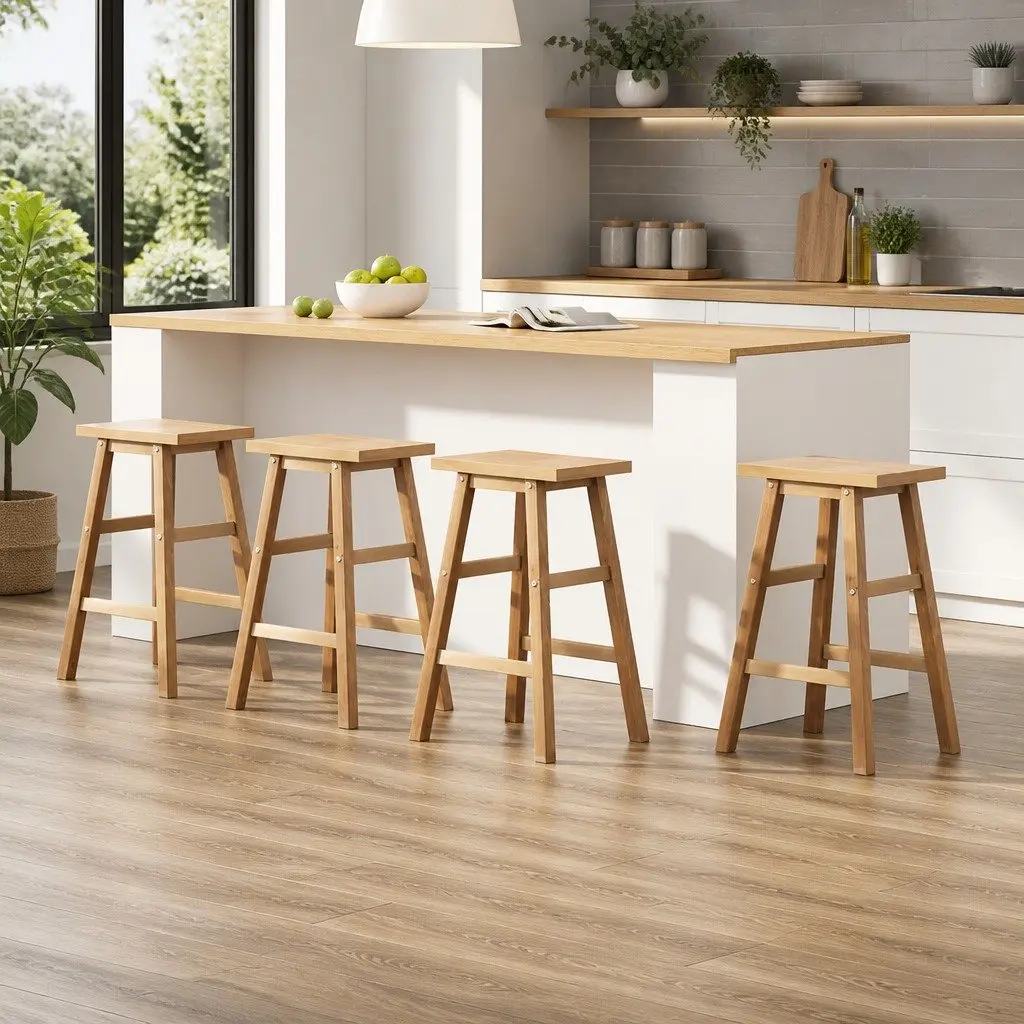 Bar Stools Kitchen Chairs Set of 4 Wooden Natural Saddle Seat Breakfast Counter