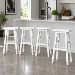 Set of 4 Sturdy White Wooden Bar Stools for Kitchen