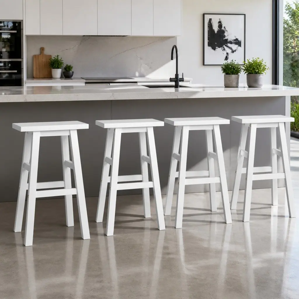 Bar Stools Beech Wood 66.5cm White Saddle Seat Counter Height Set of 4