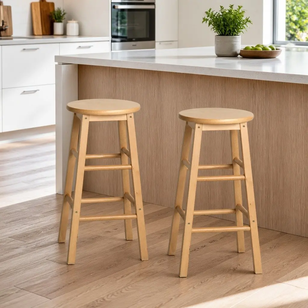 Set of 2 Durable Round Wooden Bar Stools