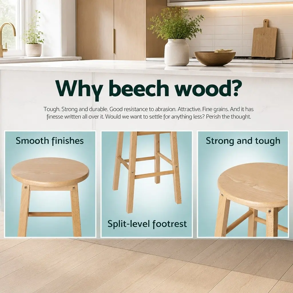 Set of 2 Durable Round Wooden Bar Stools