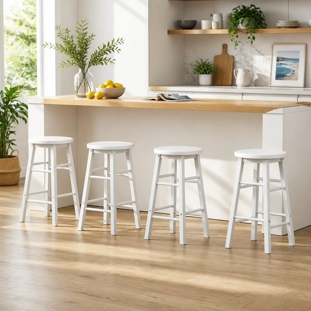 Bar Stools Beech Wood 61 cm White Round Chairs Set of 4