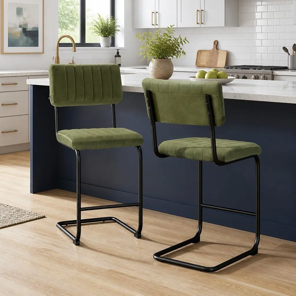 Bar Stools Velvet Green Cushioned Seat Back Support Metal Footrest Set 2 Piece