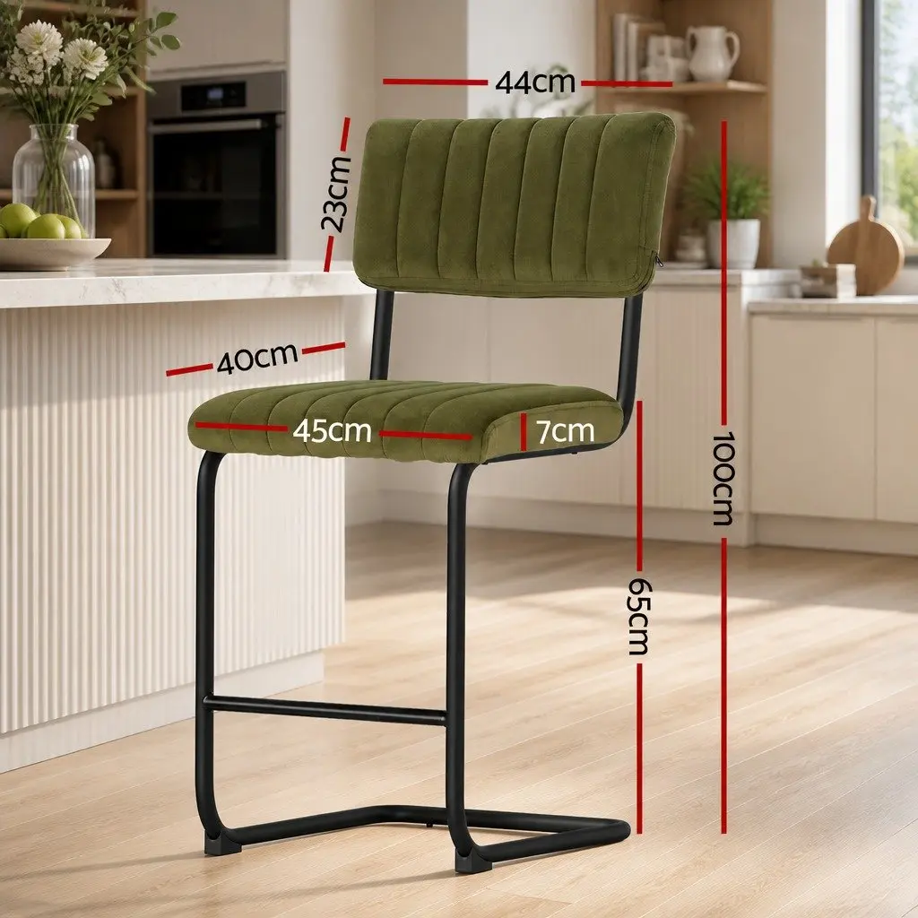 Bar Stools Velvet Green Cushioned Seat Back Support Metal Footrest Set 2 Piece