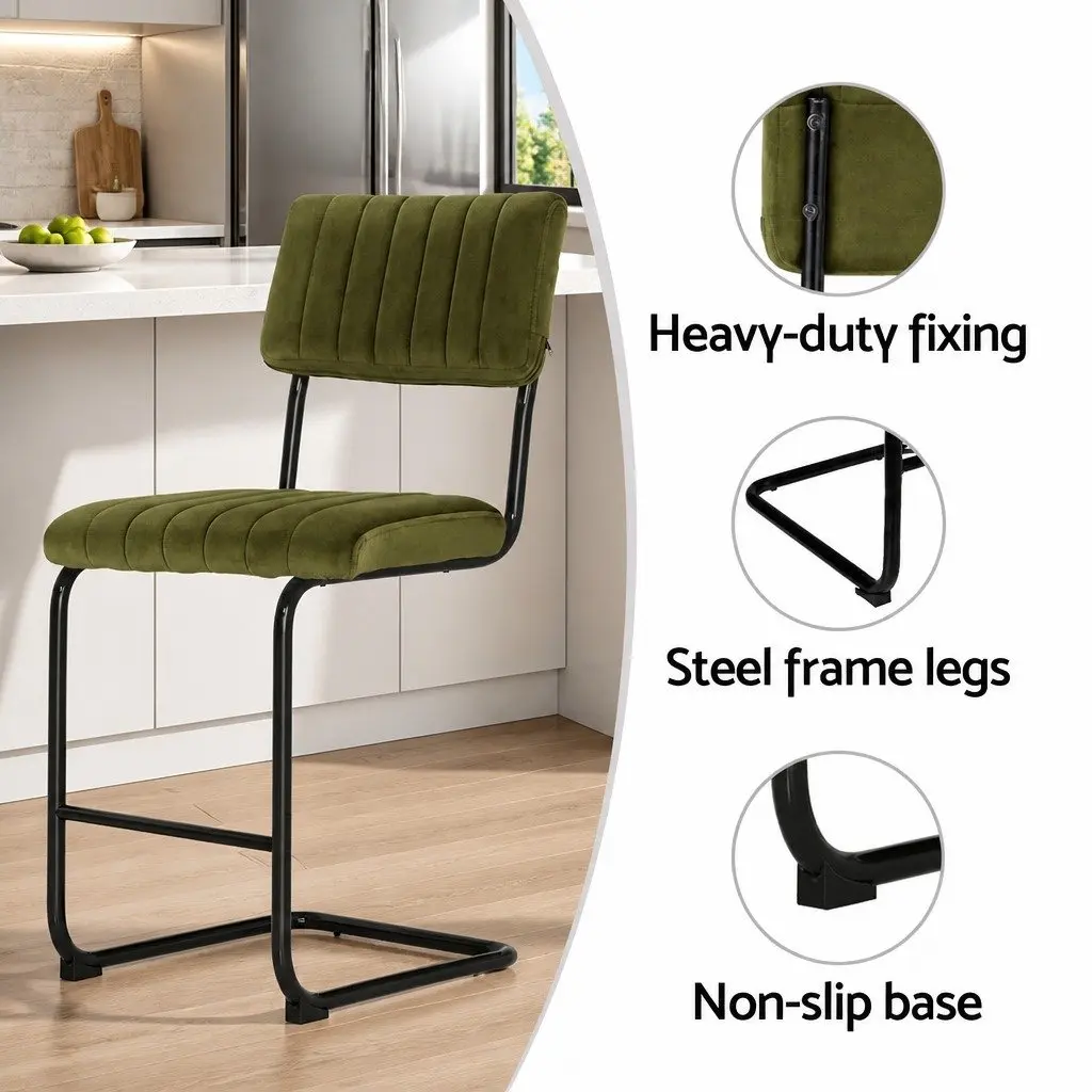 Bar Stools Velvet Green Cushioned Seat Back Support Metal Footrest Set 2 Piece