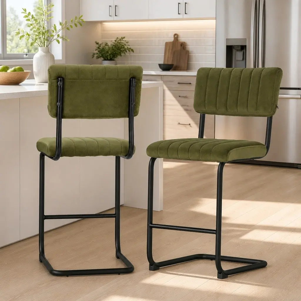 Bar Stools Velvet Green Cushioned Seat Back Support Metal Footrest Set 2 Piece