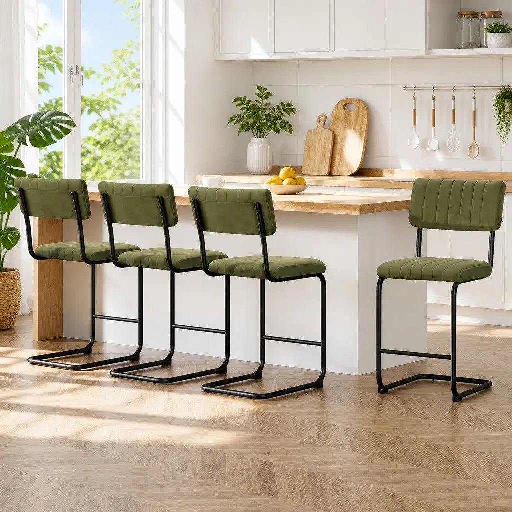 Bar Stools Velvet Cushioned Chairs 65cm Height Green Metal Set of 4
