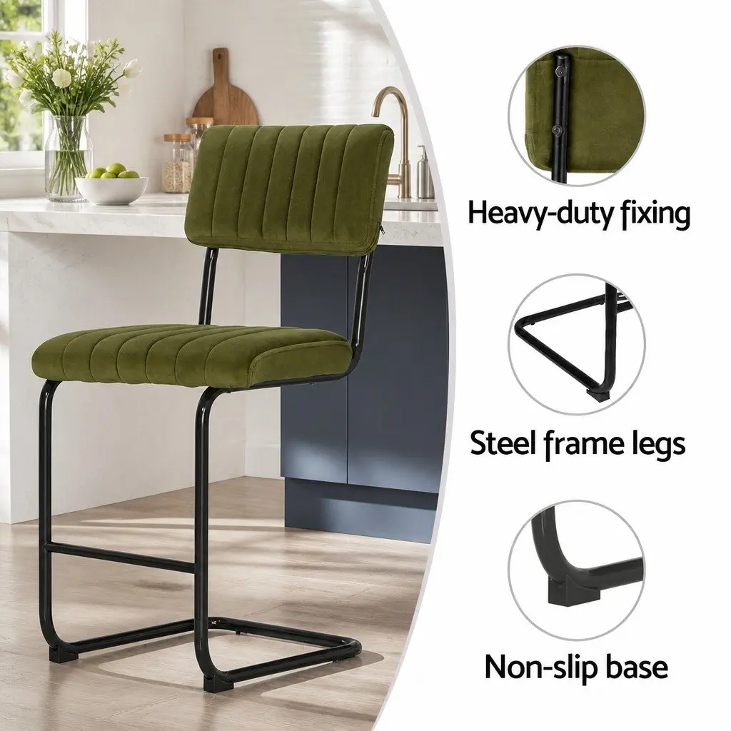 Bar Stools Velvet Cushioned Chairs 65cm Height Green Metal Set of 4