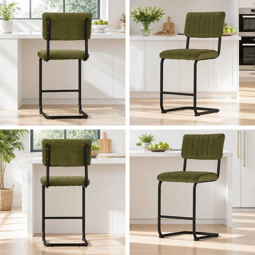 Bar Stools Velvet Cushioned Chairs 65cm Height Green Metal Set of 4