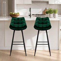 Elegant Green Velvet Bar Stools with Metal Frames - Set of 2