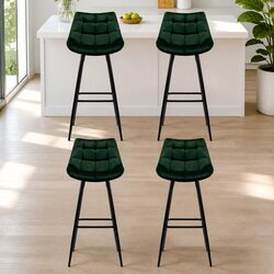 Set of 4 Green Velvet Bar Stools with Backrest & Metal Frame