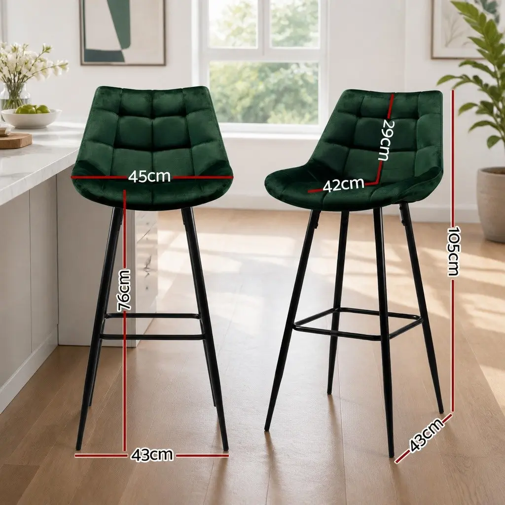 Set of 4 Green Velvet Bar Stools with Backrest & Metal Frame