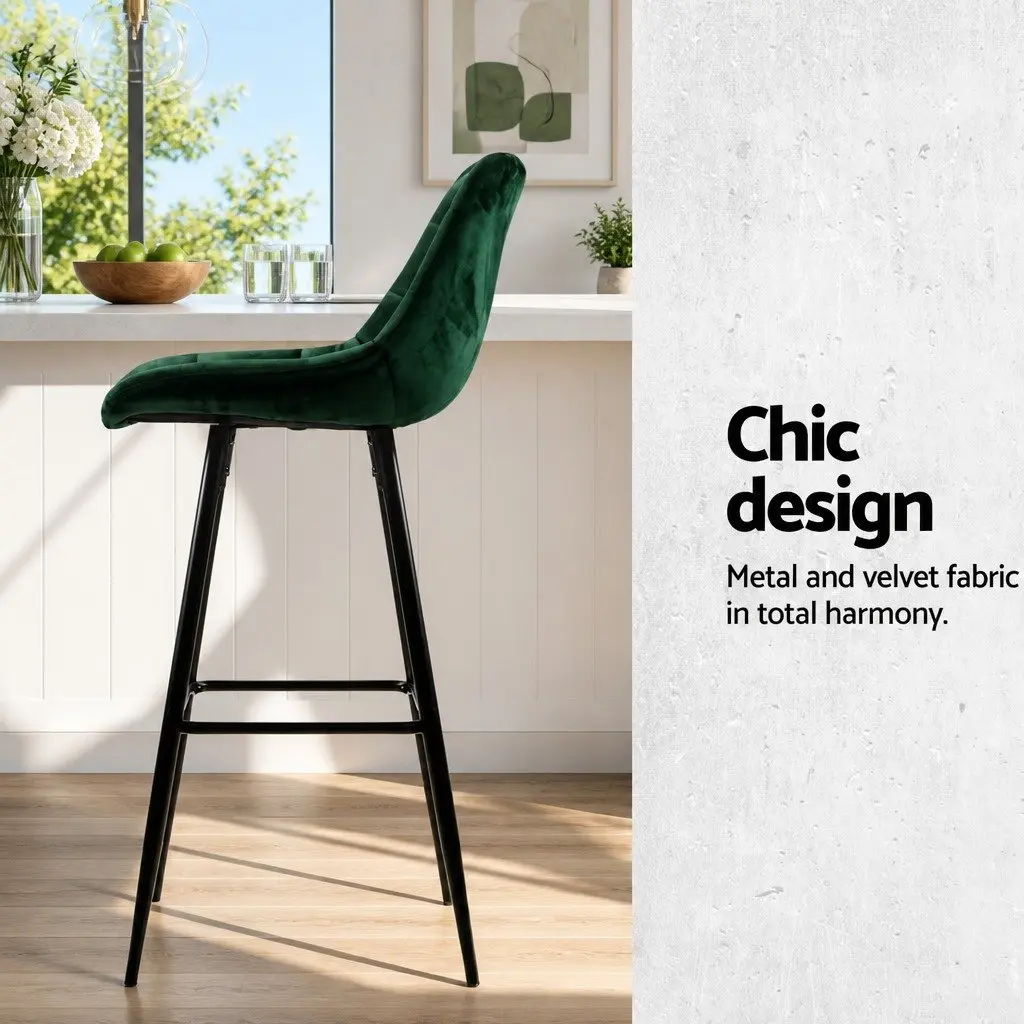 Set of 4 Green Velvet Bar Stools with Backrest & Metal Frame