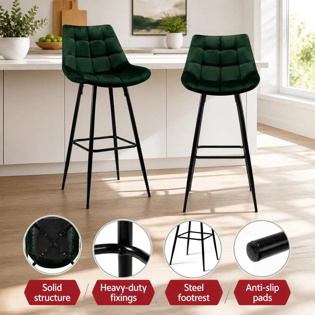 Set of 4 Green Velvet Bar Stools with Backrest & Metal Frame