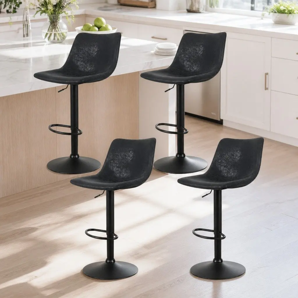 Bar Stools Faux Leather Adjustable Height Black Circular Backrest Swivel 4 Piece