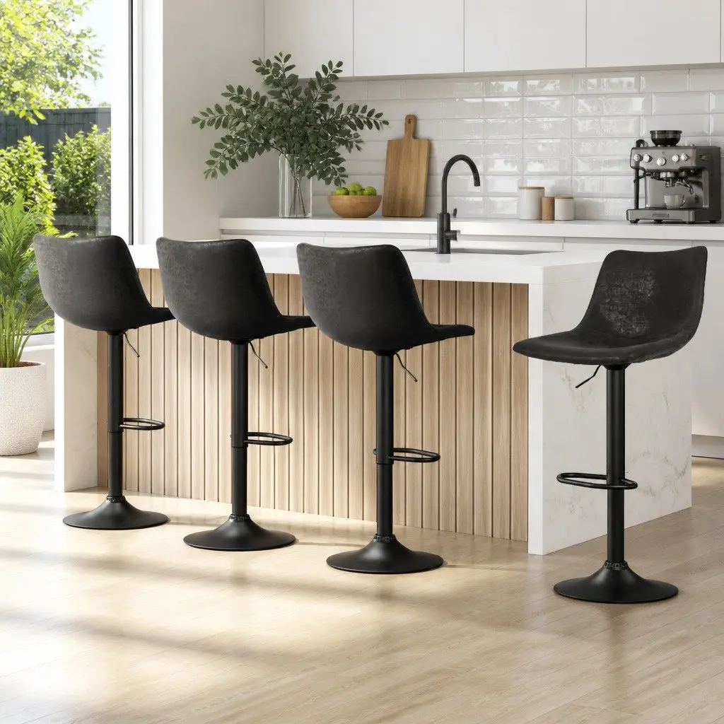 Bar Stools Faux Leather Adjustable Height Black Circular Backrest Swivel 4 Piece