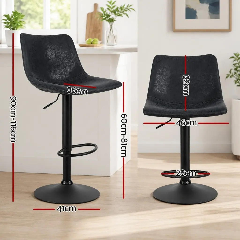 Bar Stools Faux Leather Adjustable Height Black Circular Backrest Swivel 4 Piece
