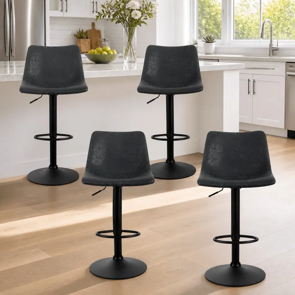 Bar Stools Faux Leather Adjustable Height Black Circular Backrest Swivel 4 Piece