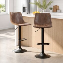 Vintage Swivel Bar Stools 2x Gas Lift Brown Faux Leather