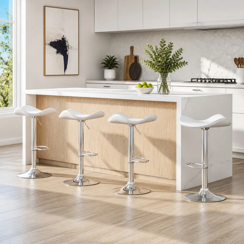 Bar Stools PU Leather Adjustable Height White Set of 4