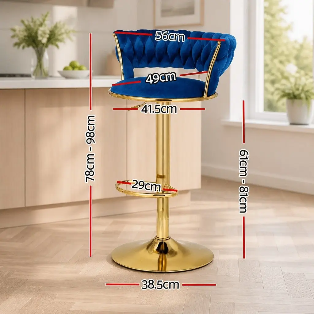 Set of 4 Navy Blue Velvet Bar Stools with Gas Lift