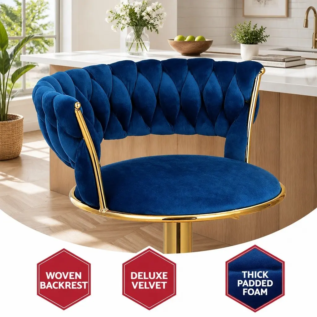 Set of 4 Navy Blue Velvet Bar Stools with Gas Lift