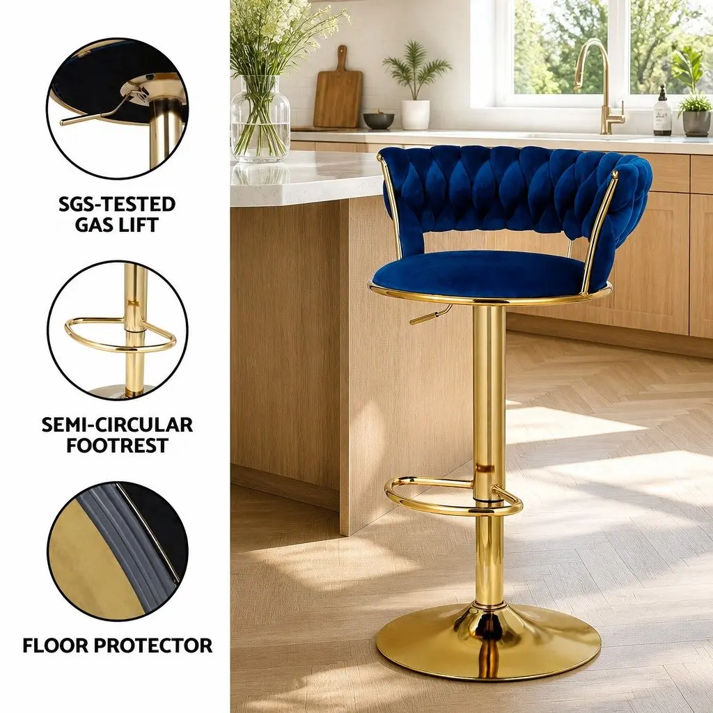Set of 4 Navy Blue Velvet Bar Stools with Gas Lift