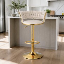 Stylish Velvet Bar Stools with Woven Backrest in Beige