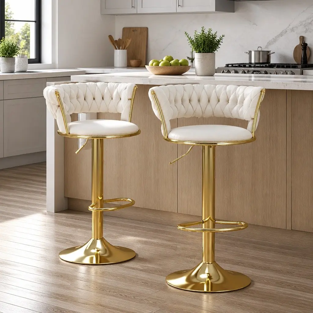 Velvet Bar Stools with Woven Backrest in Beige