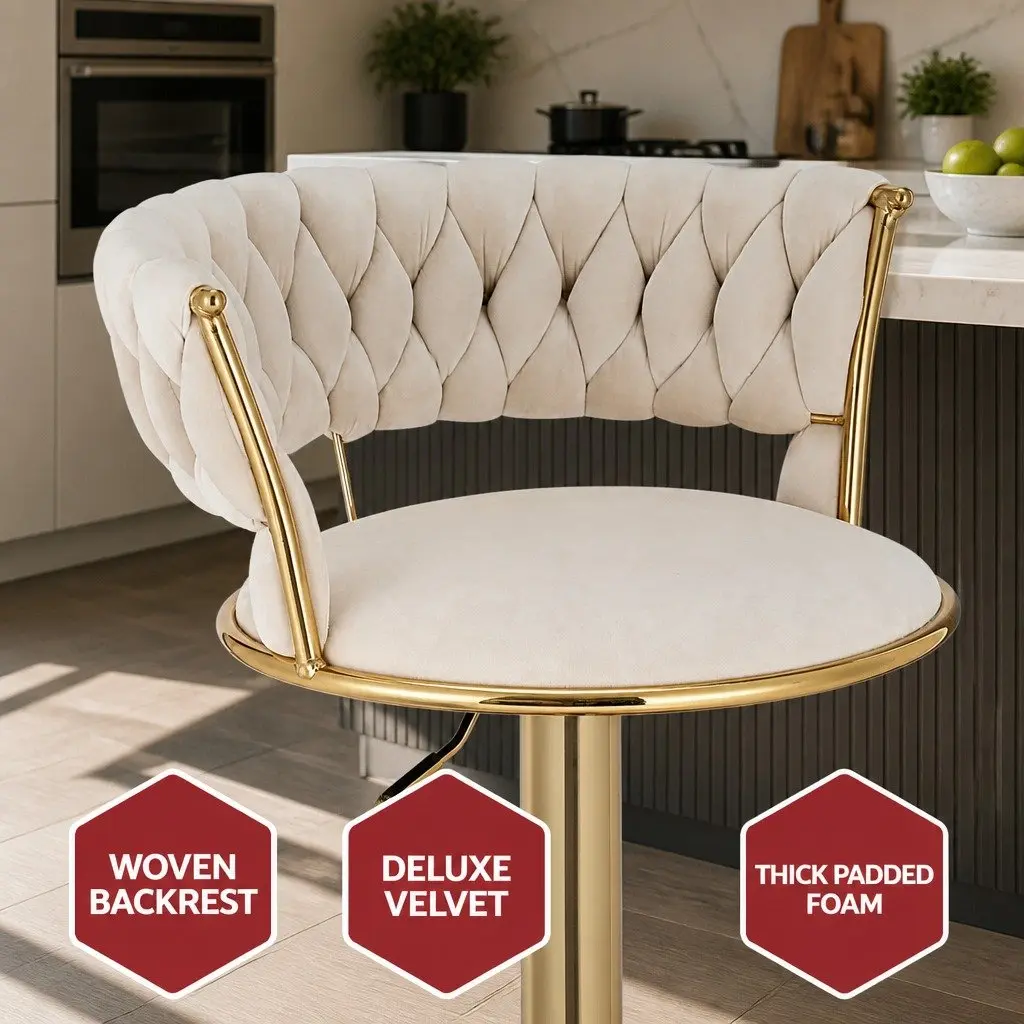Velvet Bar Stools with Woven Backrest in Beige