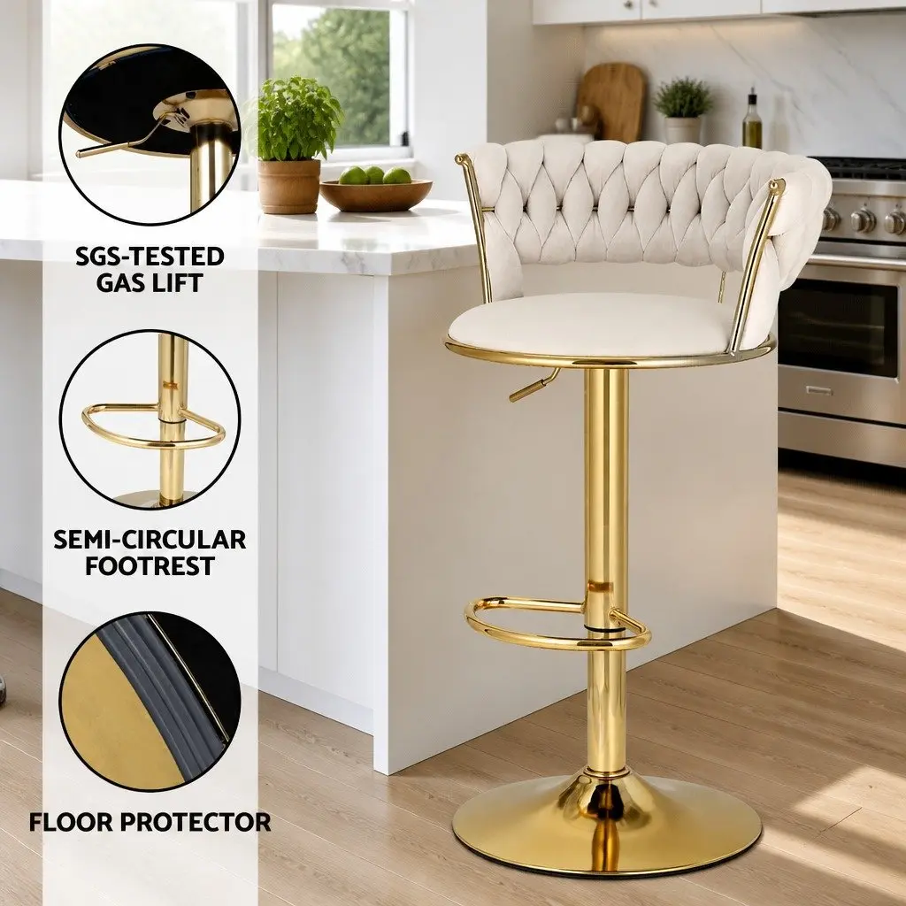 Velvet Bar Stools with Woven Backrest in Beige