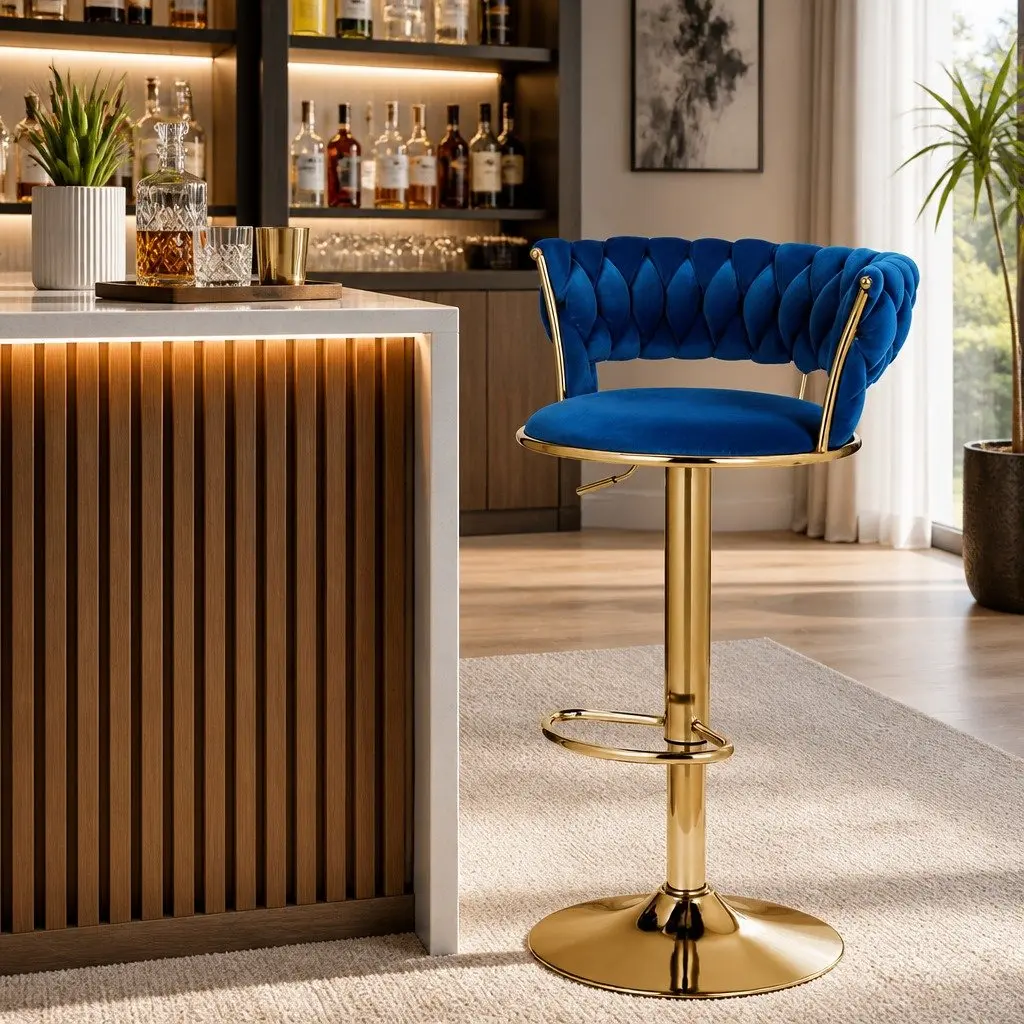 Bar Stools Velvet Adjustable Height Navy Blue Gas Lift Swivel Seat