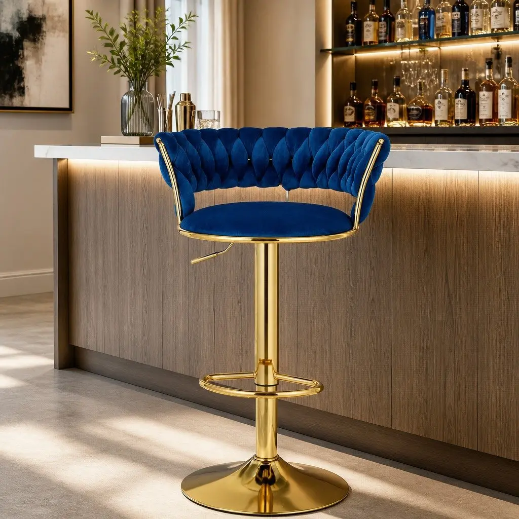 Bar Stools Velvet Adjustable Height Navy Blue Gas Lift Swivel Seat