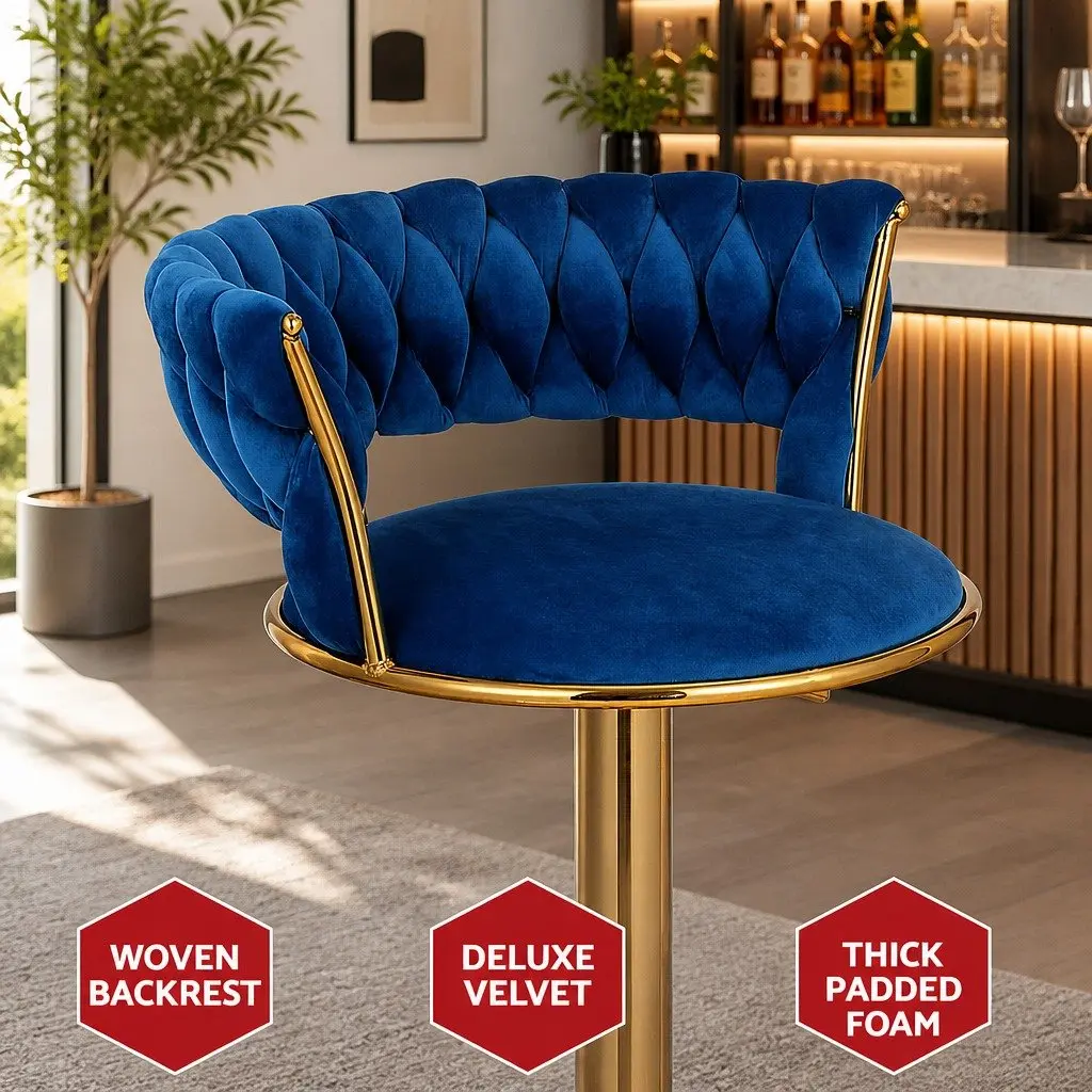 Bar Stools Velvet Adjustable Height Navy Blue Gas Lift Swivel Seat
