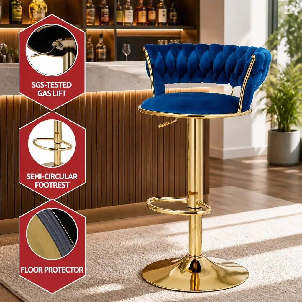 Bar Stools Velvet Adjustable Height Navy Blue Gas Lift Swivel Seat