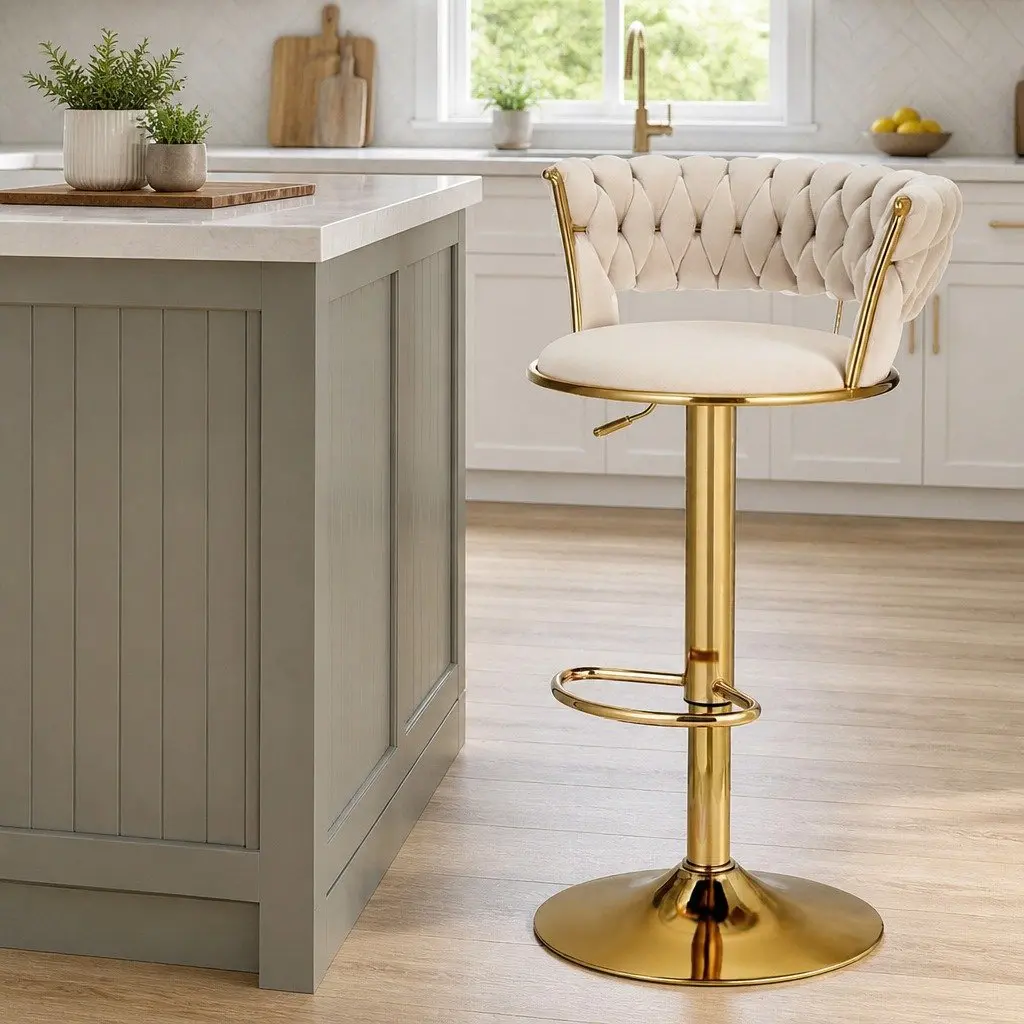Velvet Bar Stools with Woven Backrest