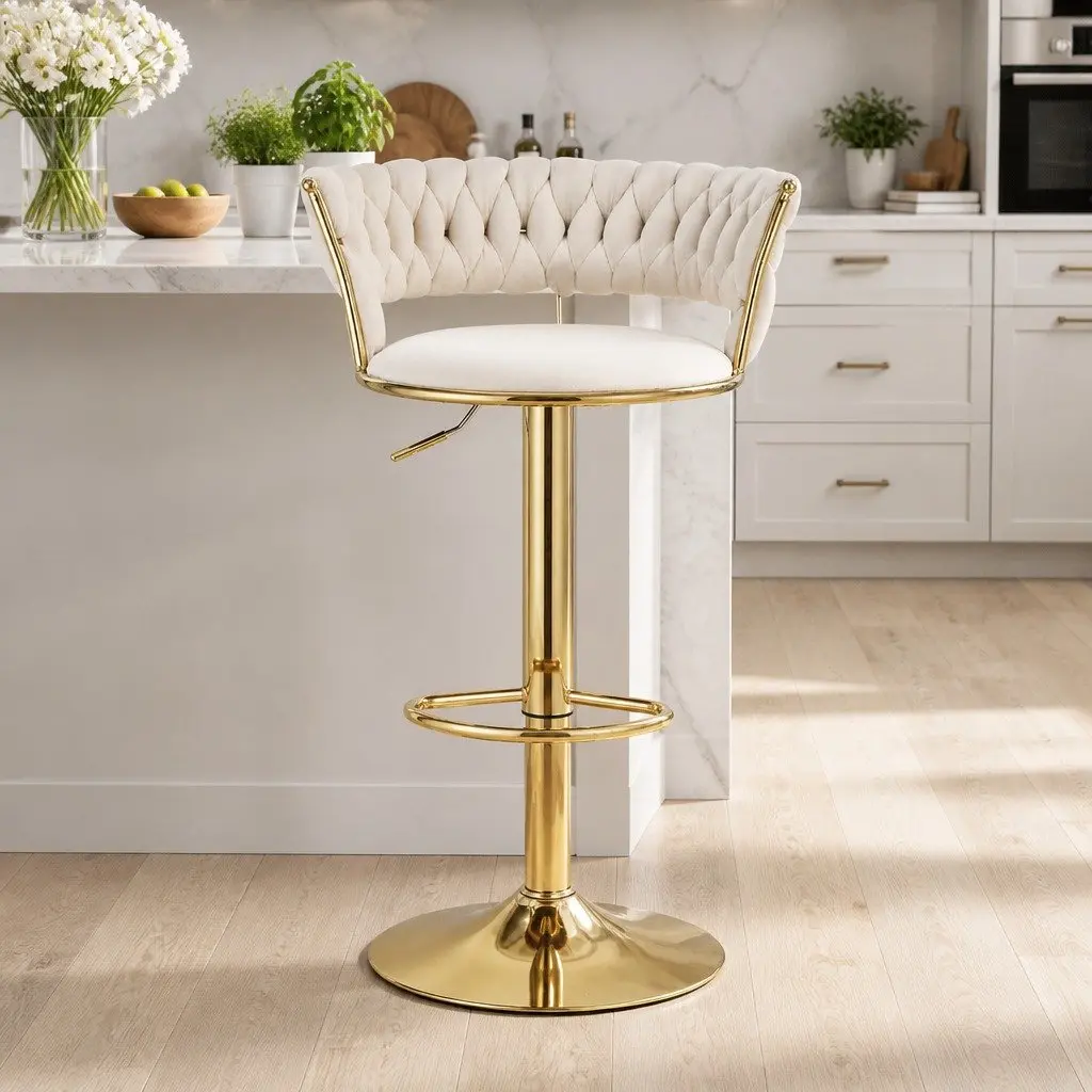 Velvet Bar Stools with Woven Backrest
