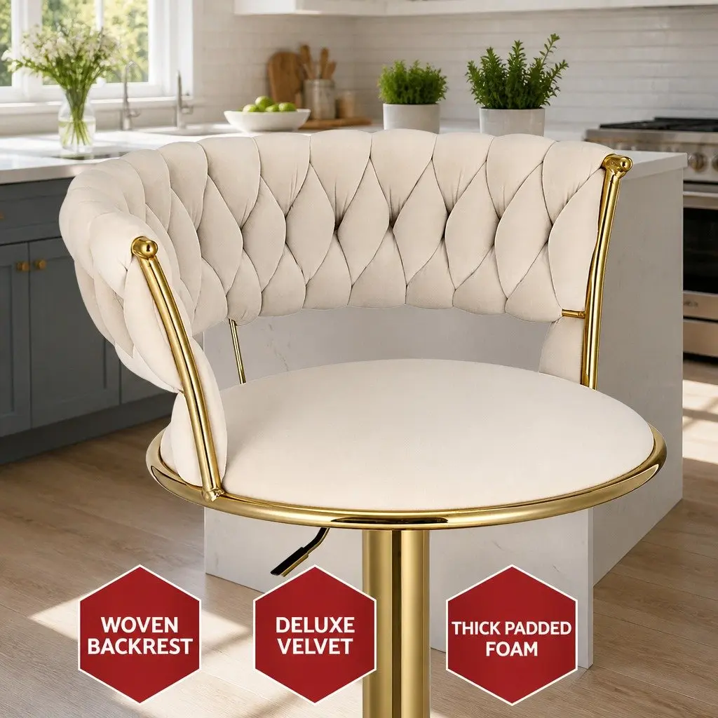 Velvet Bar Stools with Woven Backrest