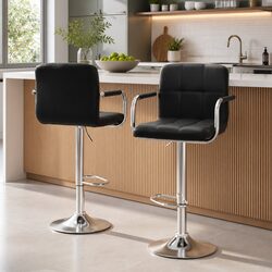 Durable Black Leather Bar Stools with Armrests – Set of 2