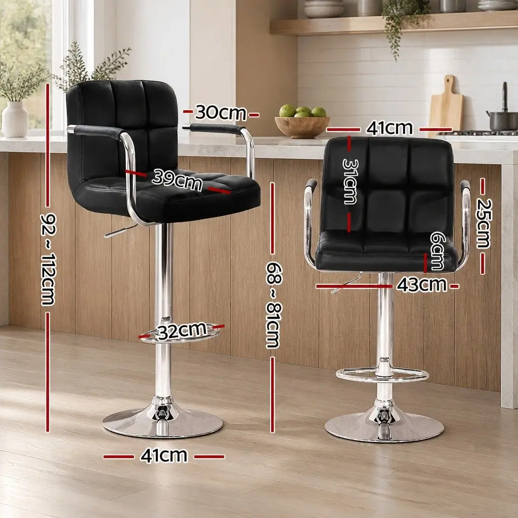 Bar Stools PU Leather Adjustable Height Black 360 Swivel Set of 2