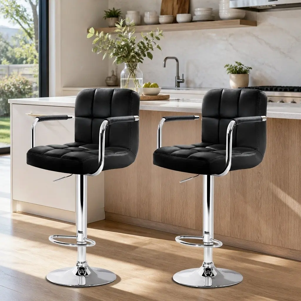 Bar Stools PU Leather Adjustable Height Black 360 Swivel Set of 2
