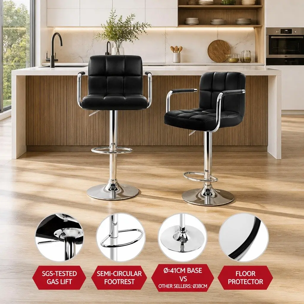 Bar Stools PU Leather Adjustable Height Black 360 Swivel Set of 2