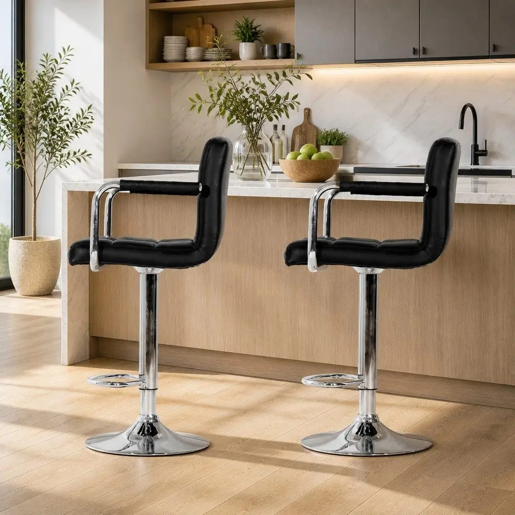 Bar Stools PU Leather Adjustable Height Black 360 Swivel Set of 2