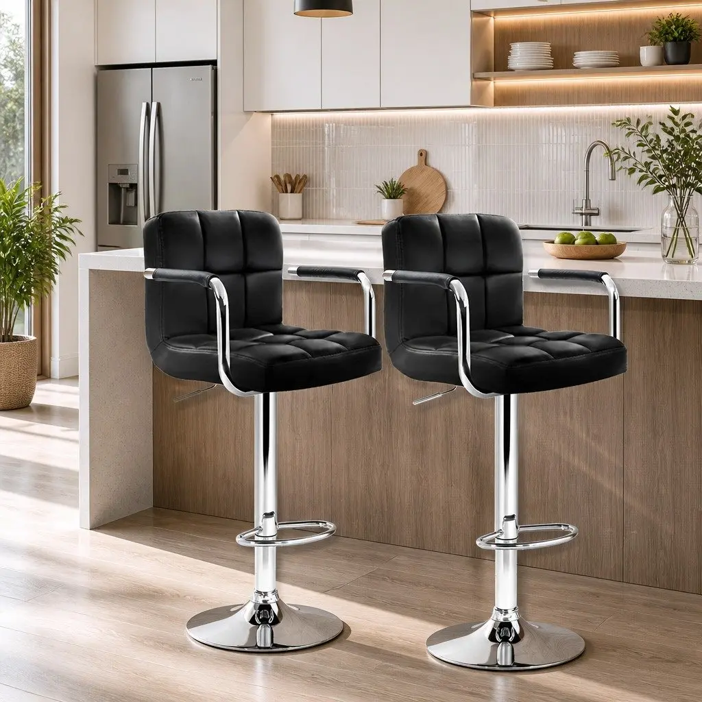 Bar Stools PU Leather Adjustable Height Black 360 Swivel Set of 2