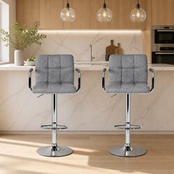Stylish Grey Bar Stools with Gas Lift and Armrests – Set of 2
