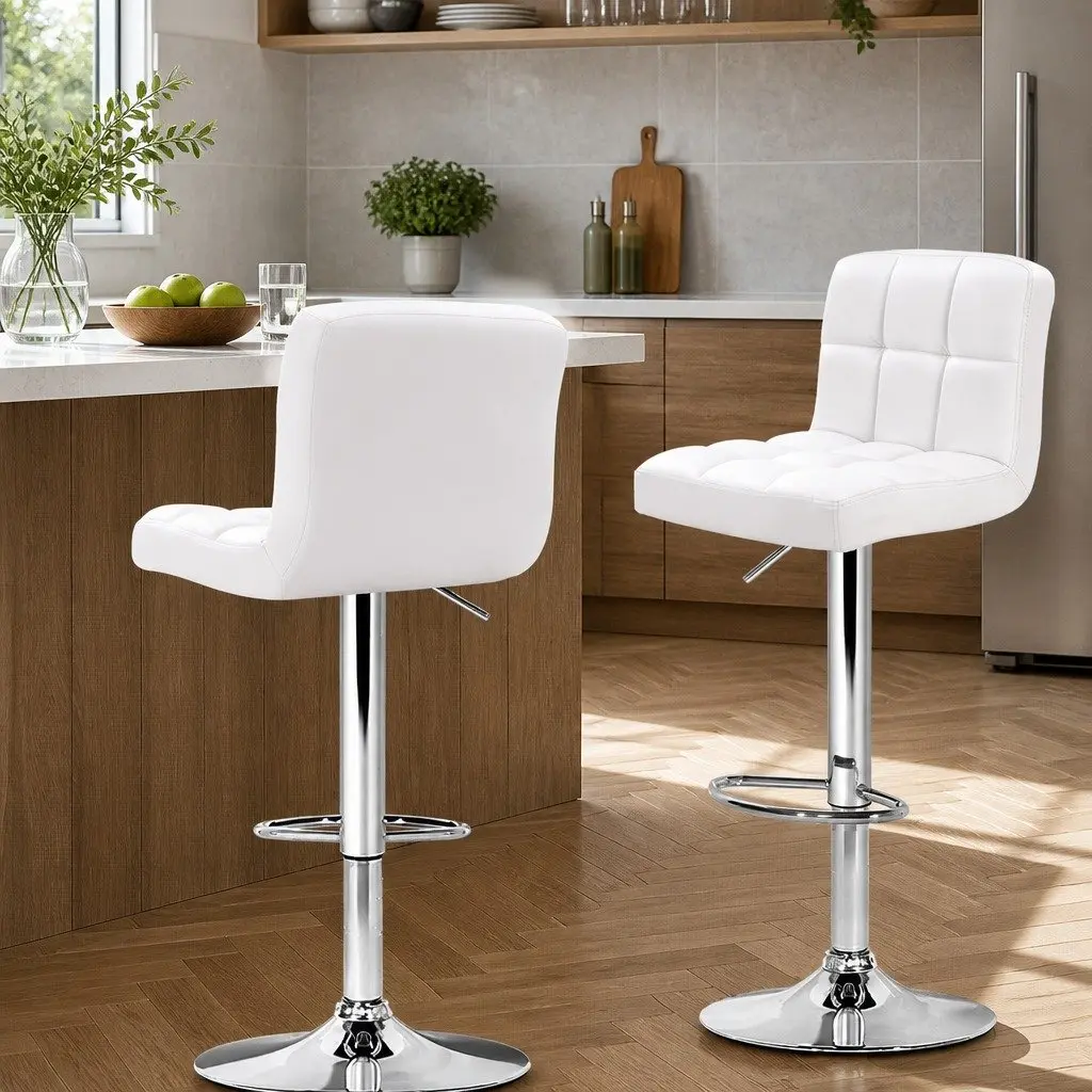 Bar Stools PU Leather Adjustable Height White 2 Piece